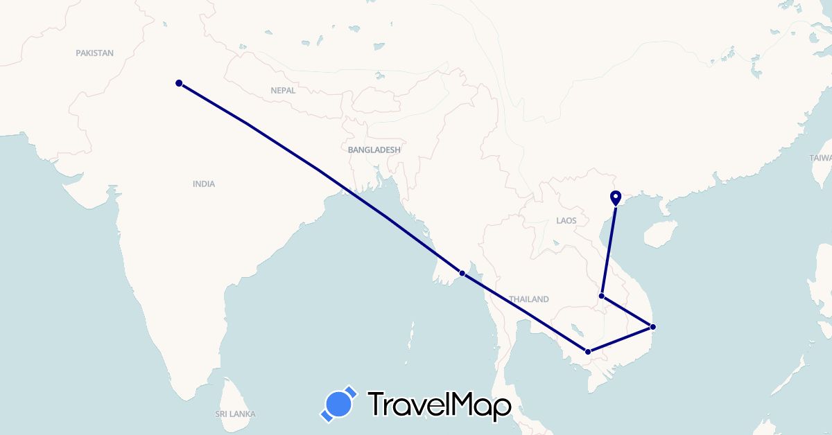 TravelMap itinerary: driving in India, Cambodia, Laos, Myanmar (Burma), Vietnam (Asia)