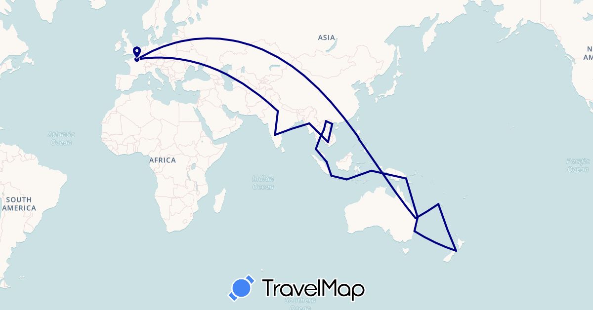 TravelMap itinerary: driving in Australia, France, Indonesia, India, Cambodia, Laos, Myanmar (Burma), New Zealand, Papua New Guinea, Philippines, Thailand, Vietnam (Asia, Europe, Oceania)